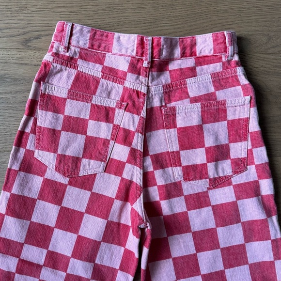 Zara Checkered Pink & Red Cotton Wide Leg Jeans - Like New - Size 4 - Picture 7 of 7